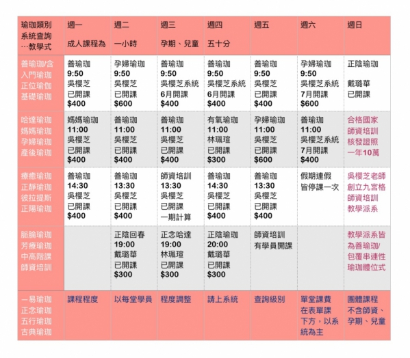 台中瑜珈西區課程/吳樱芝老師2019/5/29更新